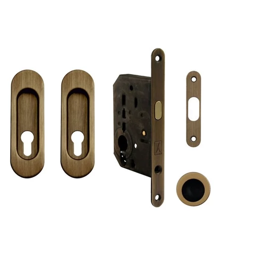 Made in Italy súrolt bronz ovál tolóajtó PZ zár szett húzókával