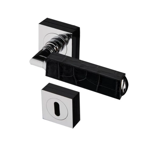 Glass Design CUBE Leather fekete bőr / fényes króm négyzetrozettás kilincsgarnitúra CUBELBK-F4