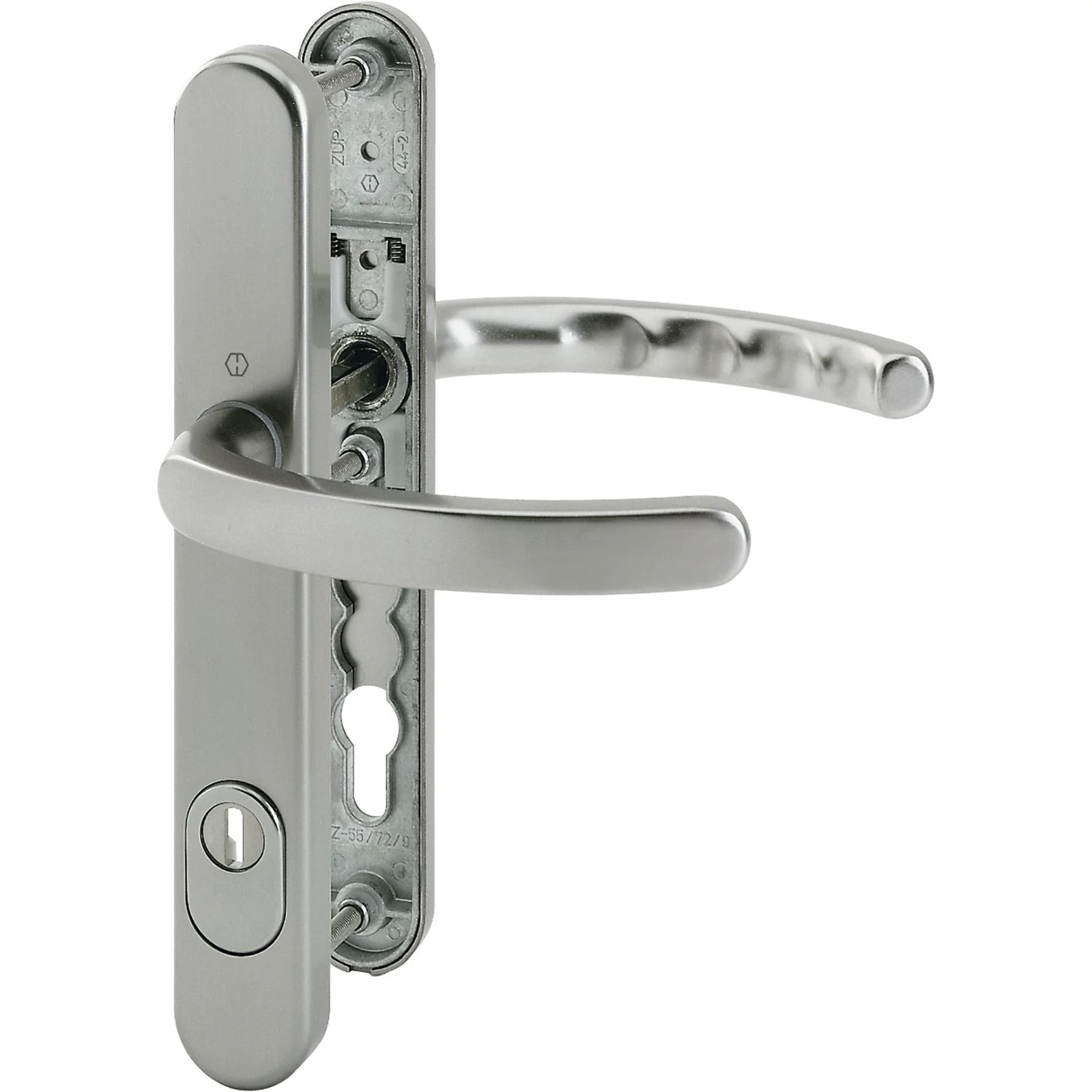 Hoppe Luxemburg PZ92 acél színű hosszúcímes clindervédős biztonsági bejárati kilincsgarnitúra