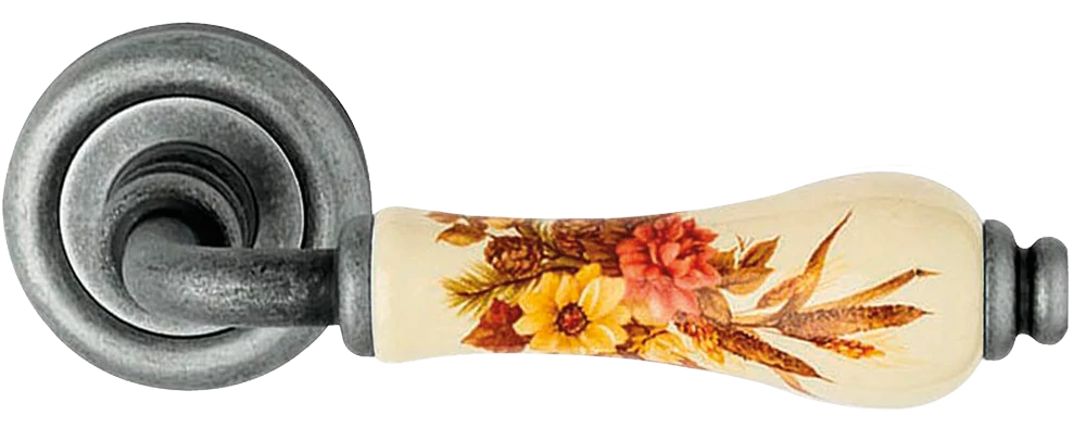 Linea Cali Dalia antik fém körrozettás kilincsgarnitúra barna virágos elefántcsontszín porcelánnal 600 RB 103 AM FV