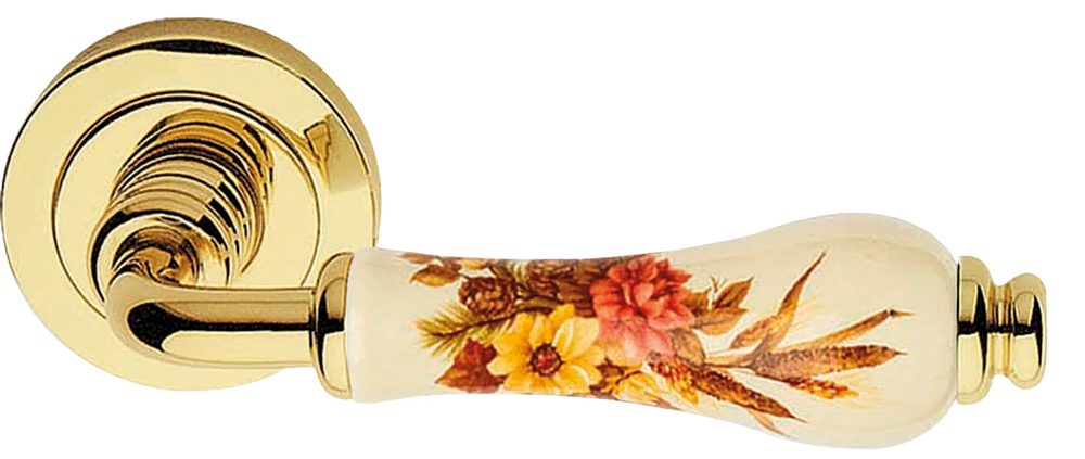 Linea Cali Dalia fényes réz bronz körrozettás kilincsgarnitúra barna virágos elefántcsontszín porcelánnal 600 RB 103 AM OL