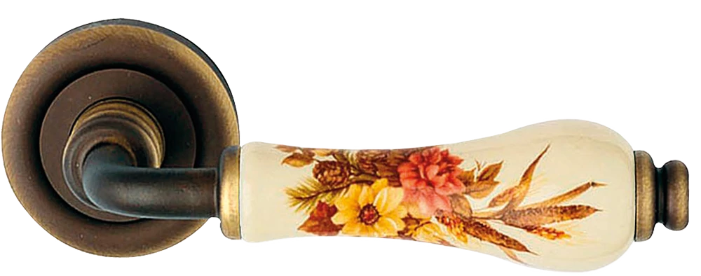 Linea Cali Dalia matt bronz körrozettás kilincsgarnitúra barna virágos elefántcsontszín porcelánnal 600 RB 103 AM BM