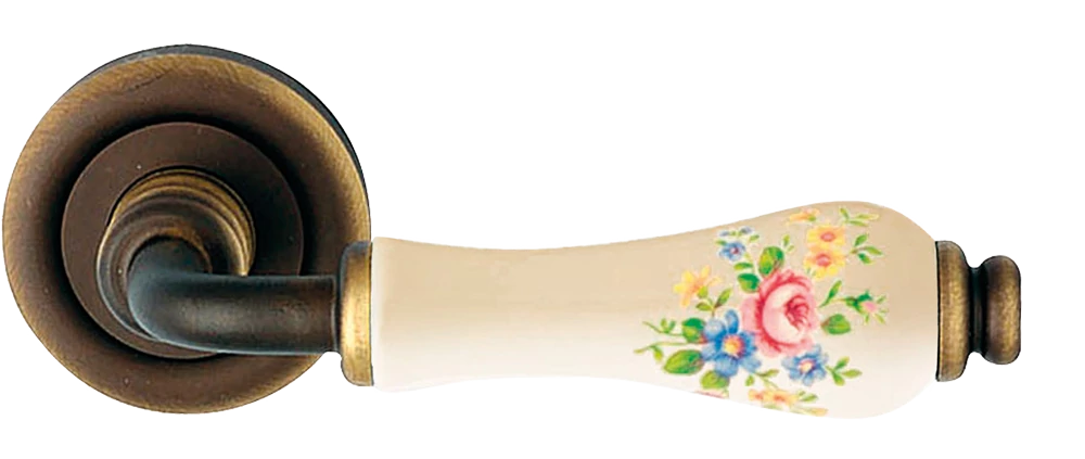 Linea Cali Dalia matt bronz körrozettás kilincsgarnitúra rózsaszín virágos elefántcsontszín porcelánnal 600 RB 103 AR BM
