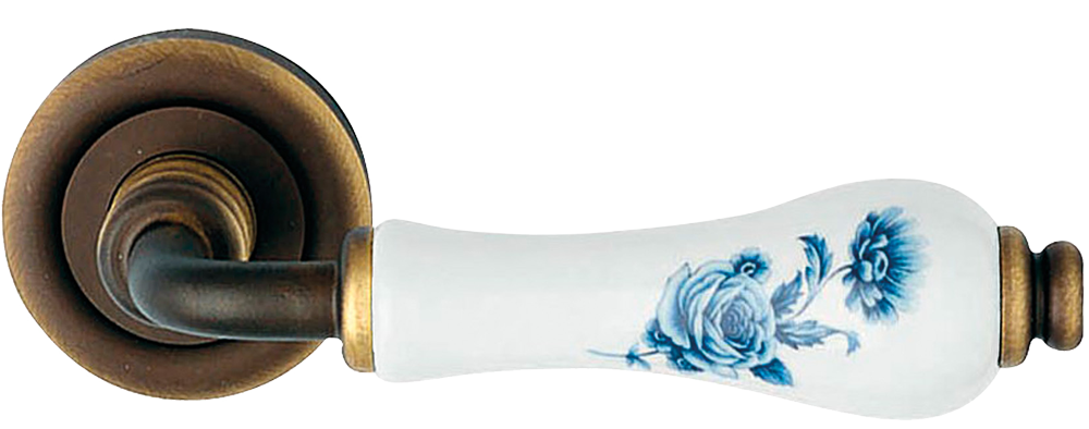 Linea Cali Dalia matt bronz körrozettás kilincsgarnitúra kék virágos fehér porcelánnal 600 RB 103 BB BM