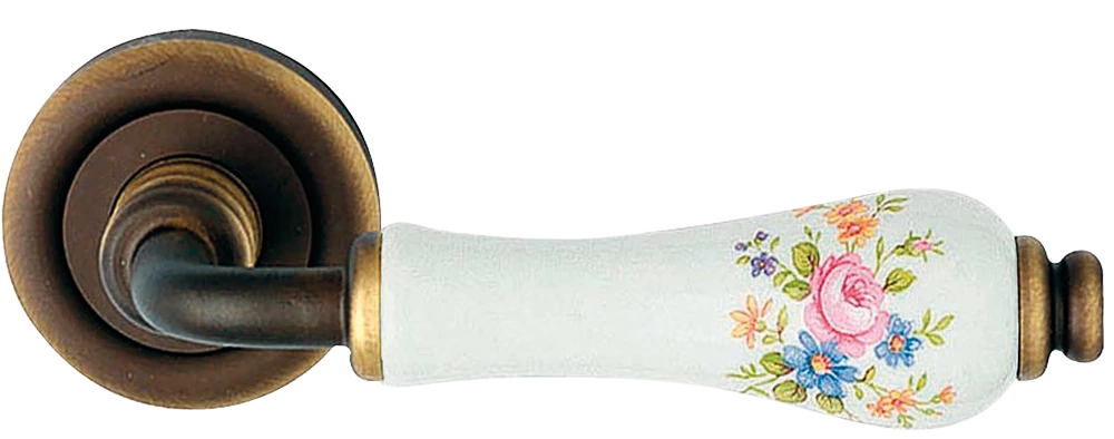 Linea Cali Dalia matt bronz körrozettás kilincsgarnitúra rózsaszín virágos fehér porcelánnal 600 RB 103 BR BM