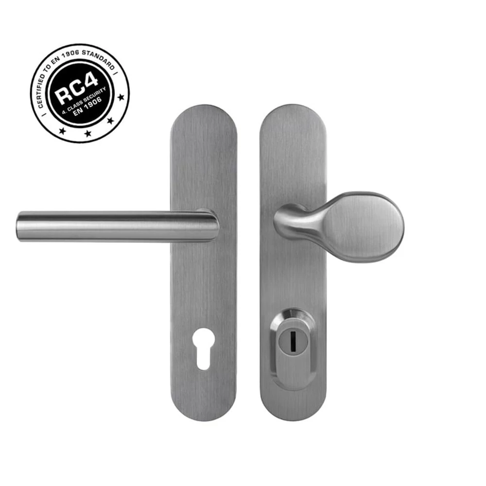 Pascal Securo S01 Plus matt rozsdamentes acél hosszúcímes biztonsági bejárati gomb-kilincsgarnitúra SO M1