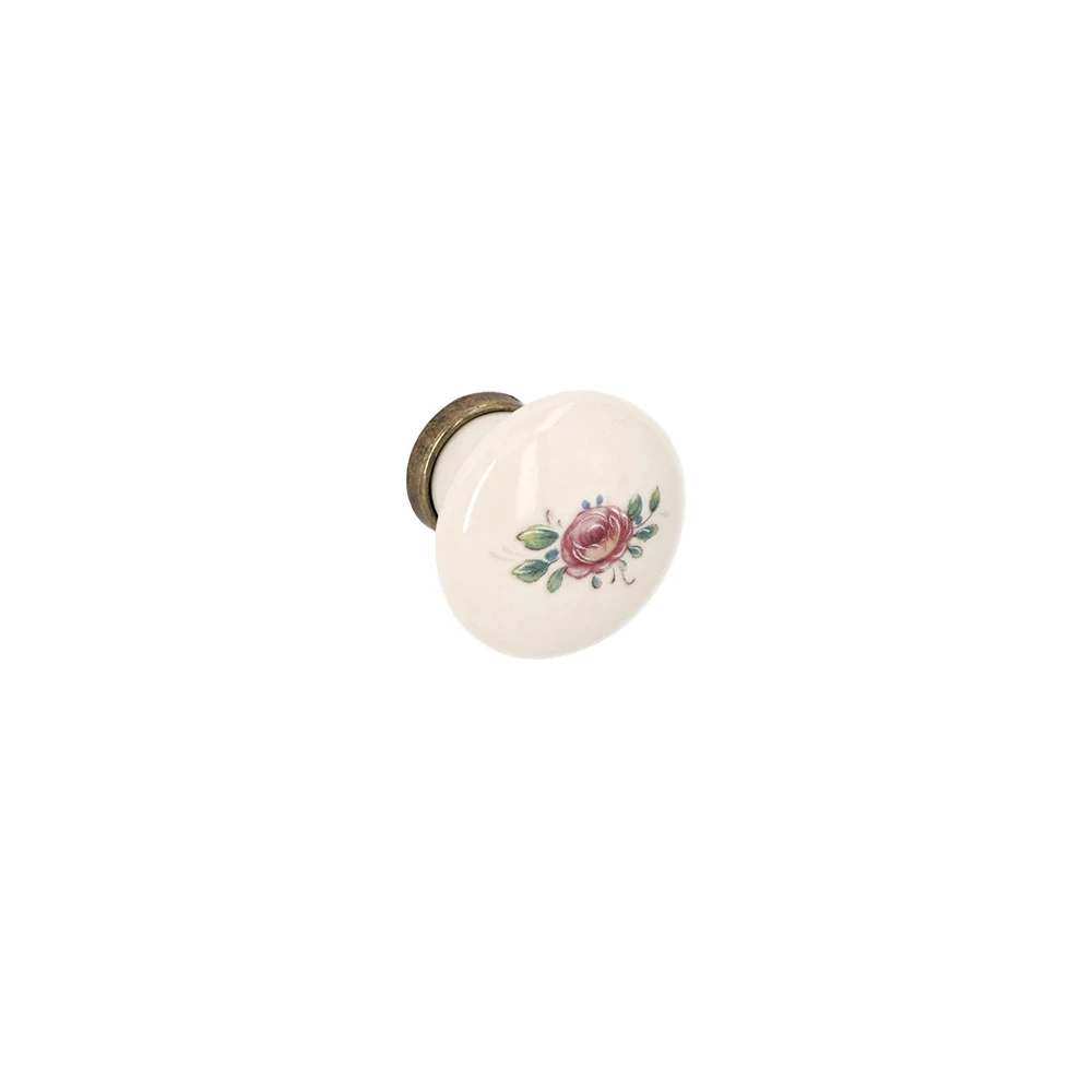 Giusti fehér-rózsaszín virágos porcelán - antik patina bútorfogantyú gomb FG.P040104D1G