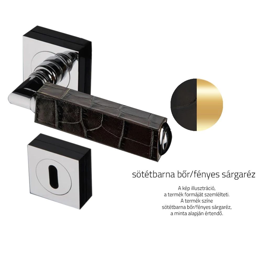 Glass Design CUBE Leather sötétbarna bőr / fényes sárgaréz négyzetrozettás kilincsgarnitúra CUBELBRF1OP9