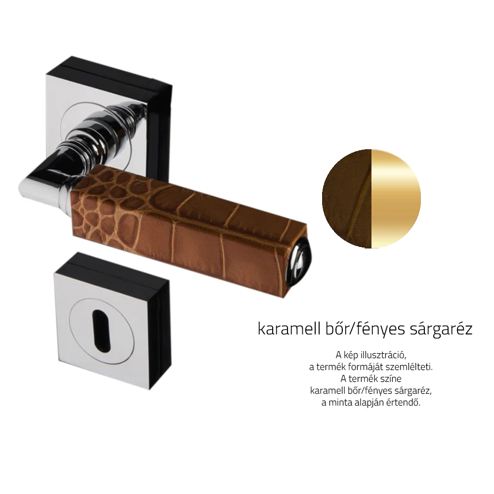 Glass Design CUBE Leather karamell bőr / fényes sárgaréz négyzetrozettás kilincsgarnitúra CUBELCRF1OP9