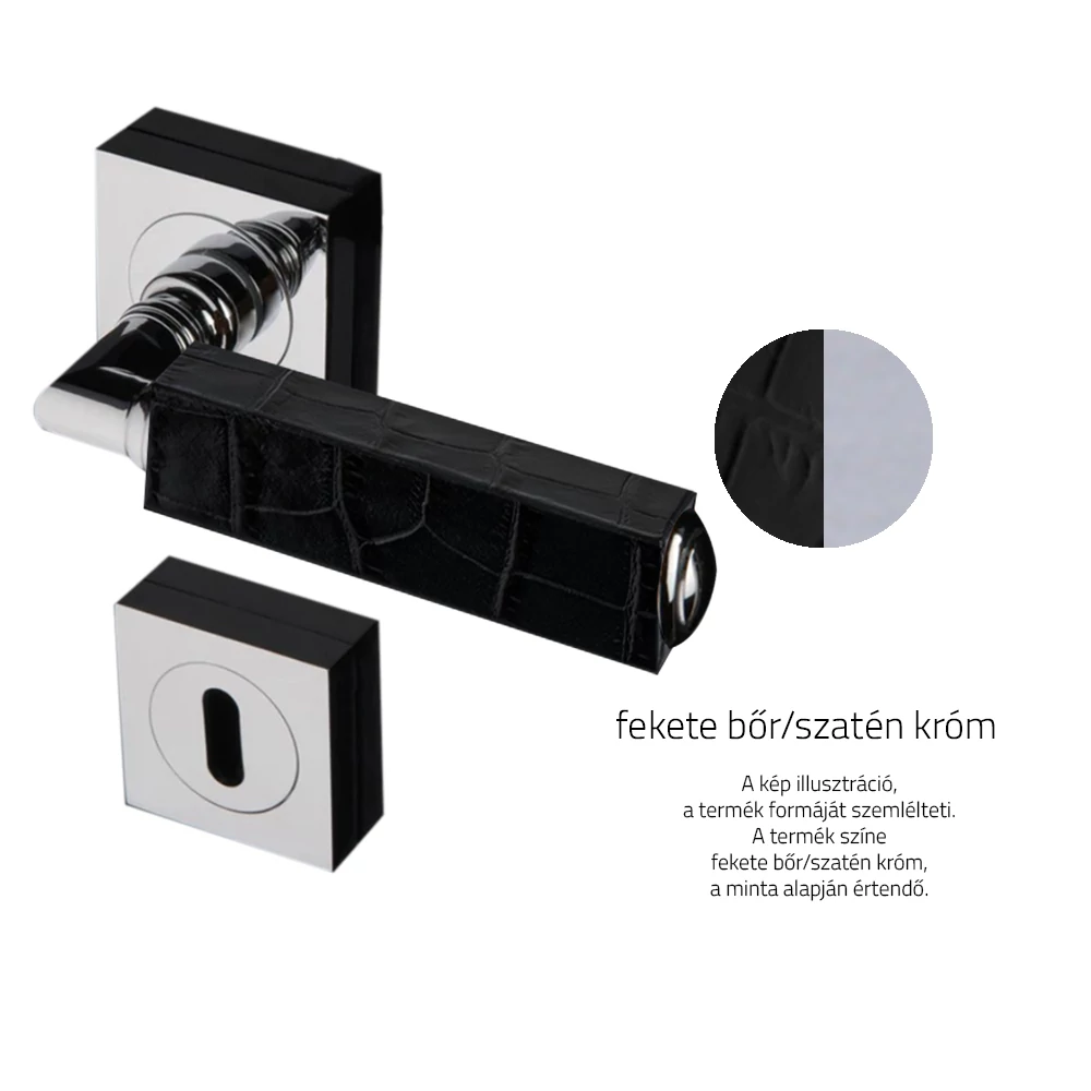 Glass Design CUBE Leather fekete bőr / szatén króm négyzetrozettás kilincsgarnitúra CUBELBKF8OP9