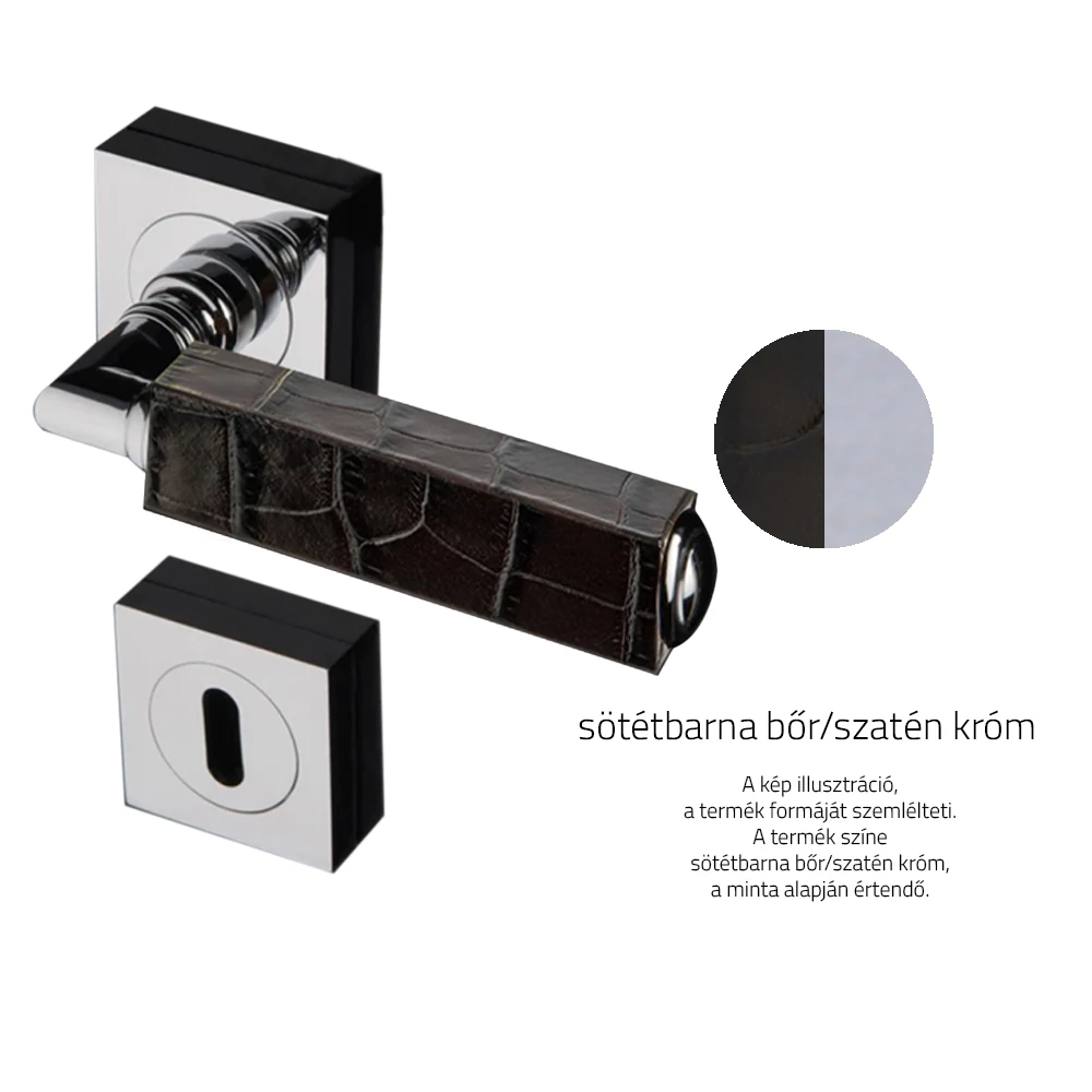 Glass Design CUBE Leather sötétbarna bőr / szatén króm négyzetrozettás kilincsgarnitúra CUBELBRF8OP9