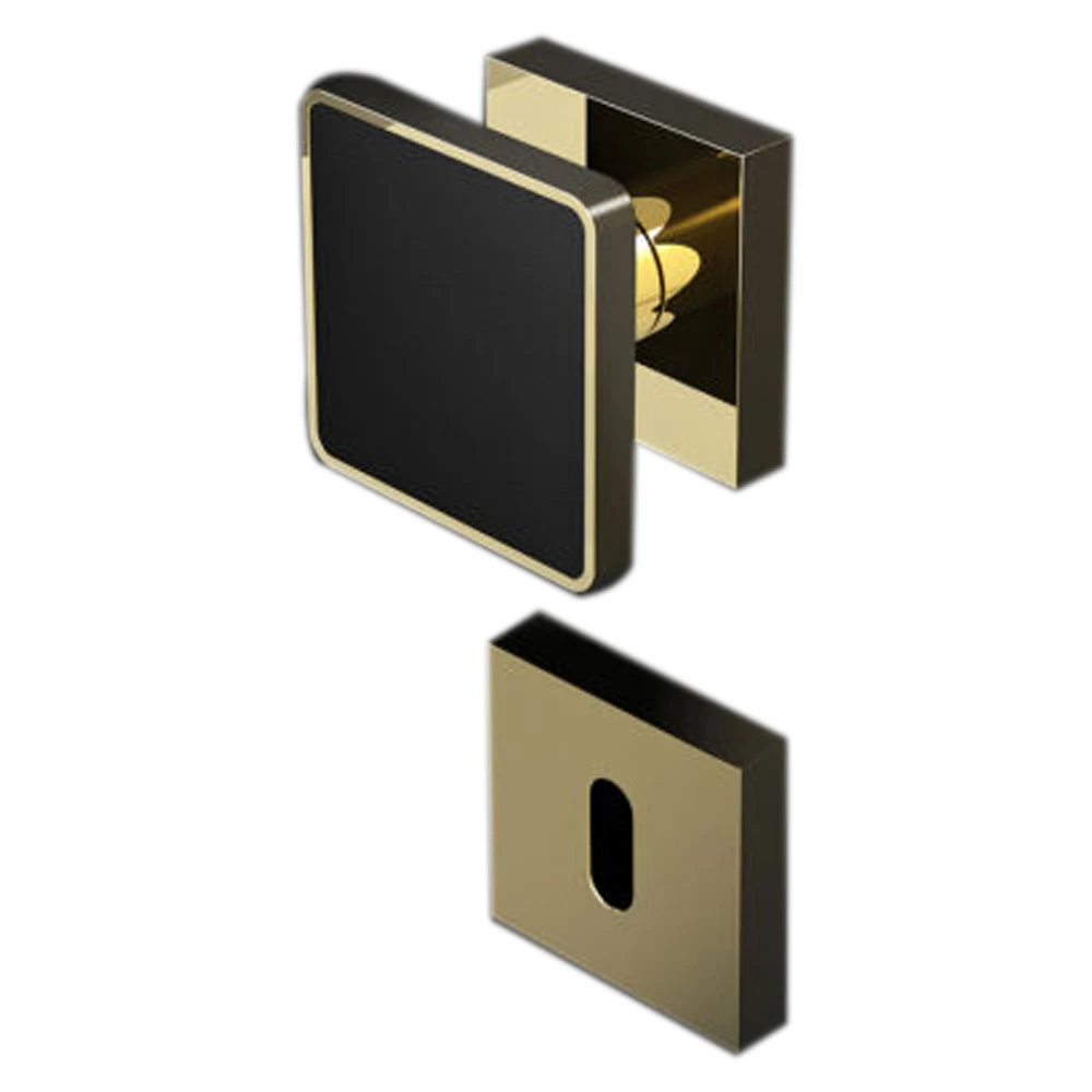 Glass Design CUOIO Home fekete bőr / fényes sárgaréz négyzetrozettás gomb kilincsgarnitúra CUOIOHBKF1OP9
