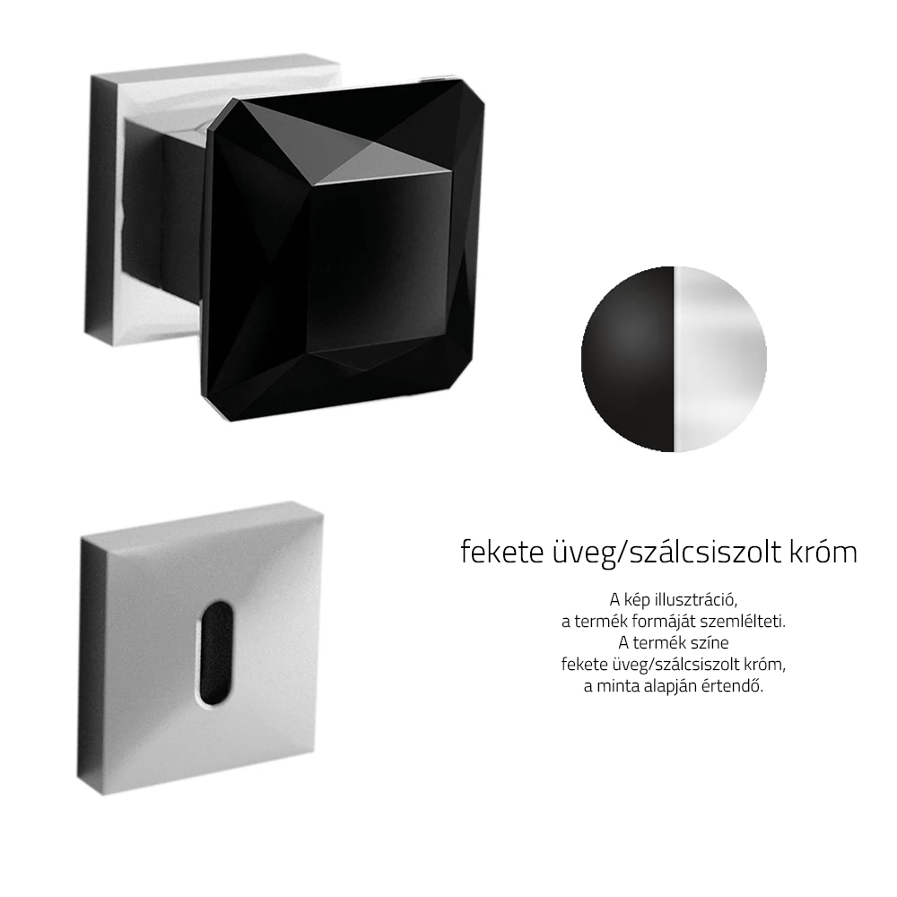 Glass Design DIAMOND Q fekete üveg / szálcsiszolt króm négyzetrozettás gomb kilincsgarnitúra DIAMONDQT35F8OP9