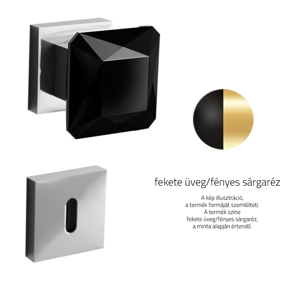 Glass Design DIAMOND Q fekete üveg / fényes sárgaréz négyzetrozettás gomb kilincsgarnitúra DIAMONDQT35F1OP9