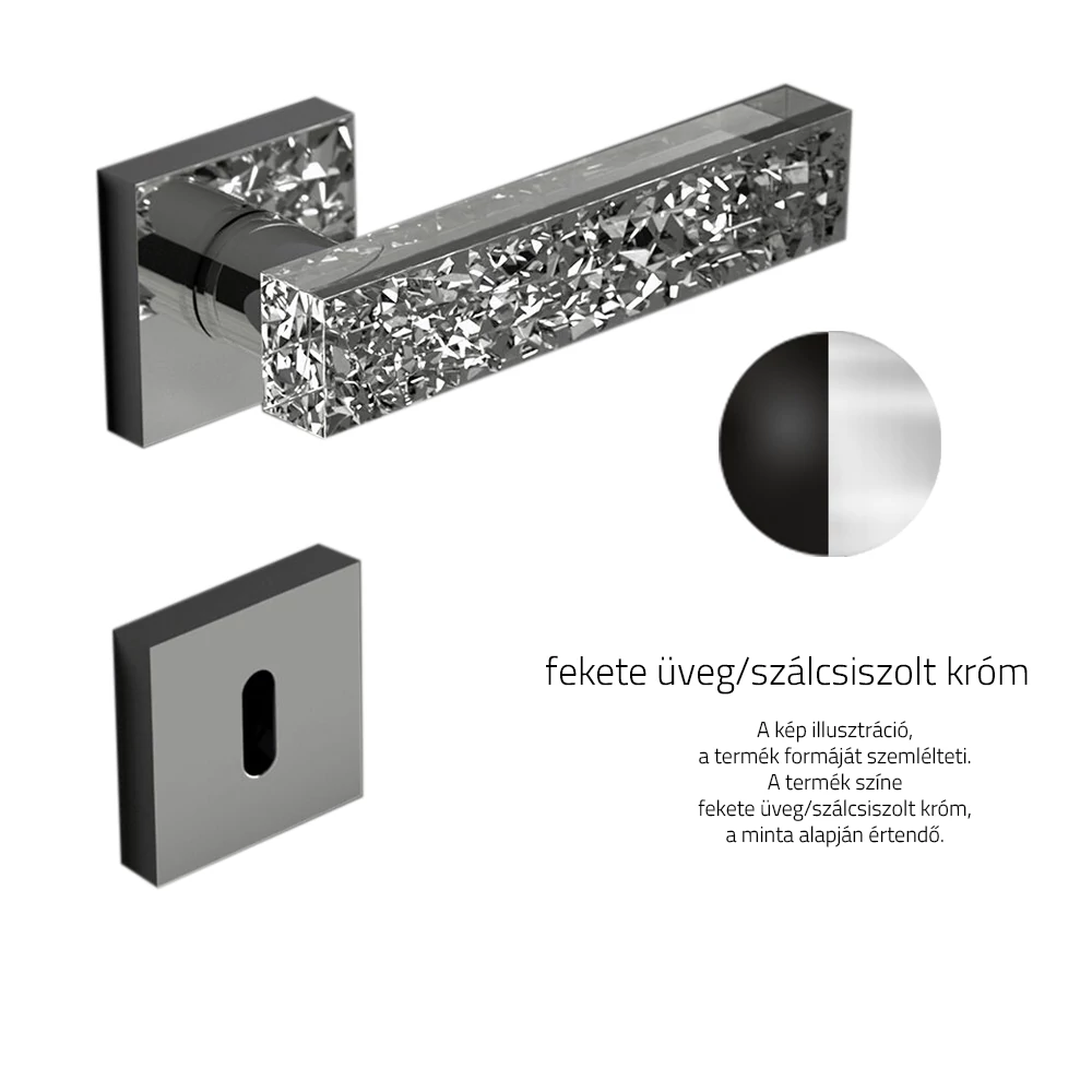 Glass Design KYMI ICE fekete üveg / szálcsiszolt króm négyzetrozettás kilincsgarnitúra KYMIICEHT35F8OP9