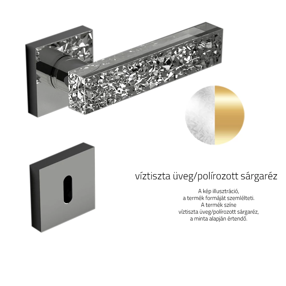 Glass Design KYMI ICE víztiszta üveg / polírozott sárgaréz négyzetrozettás kilincsgarnitúra KYMIICEHT01F1OP9