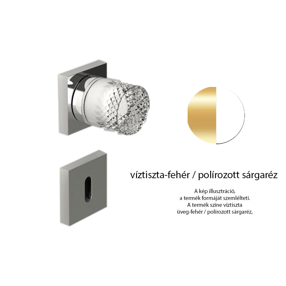 Glass Design Princess Home víztiszta üveg-fehér / polírozott sárgaréz négyzetrozettás gomb kilincsgarnitúra PRINCESSHBOF1OP9